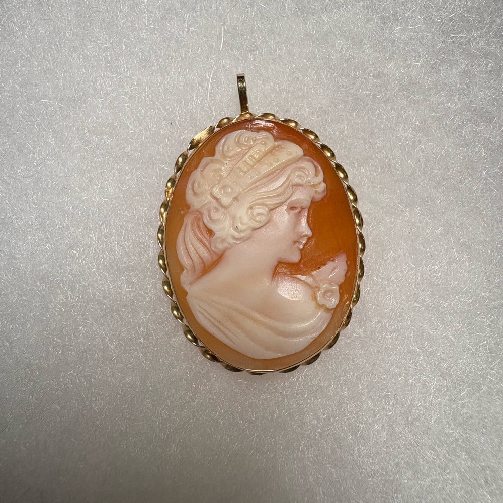 VTG 14K Gold Italian Shell Cameo Pendant Brooch • Hand-Carved
